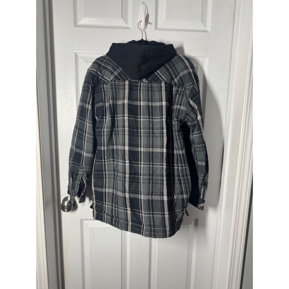 Genuine Dickies Hooded Flannel Shirt Jacket L Grey Black Plaid Quilted Vintage - Picture 7 of 7